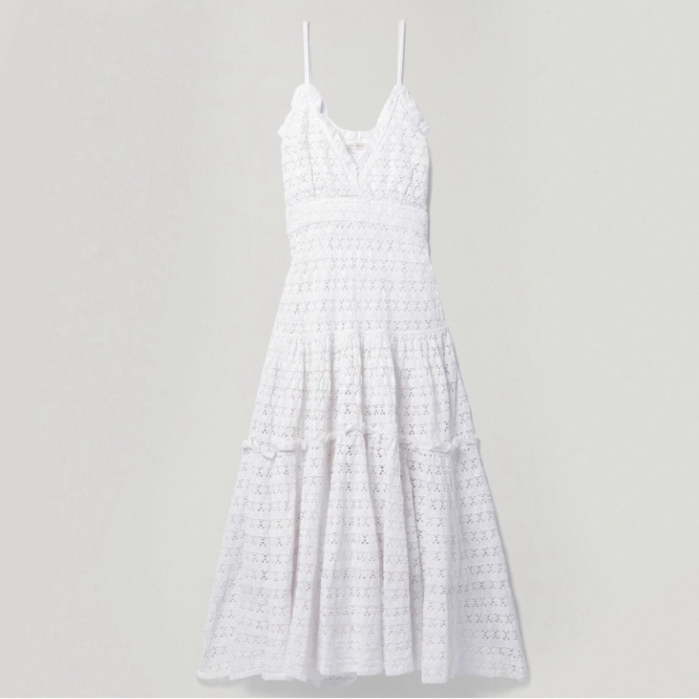 LoveShackFancy Dua Ruffled Tiered Crocheted Midi Dress in Antique White Size 6